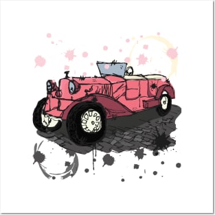 Pink vintage car watercolor sketch Posters and Art